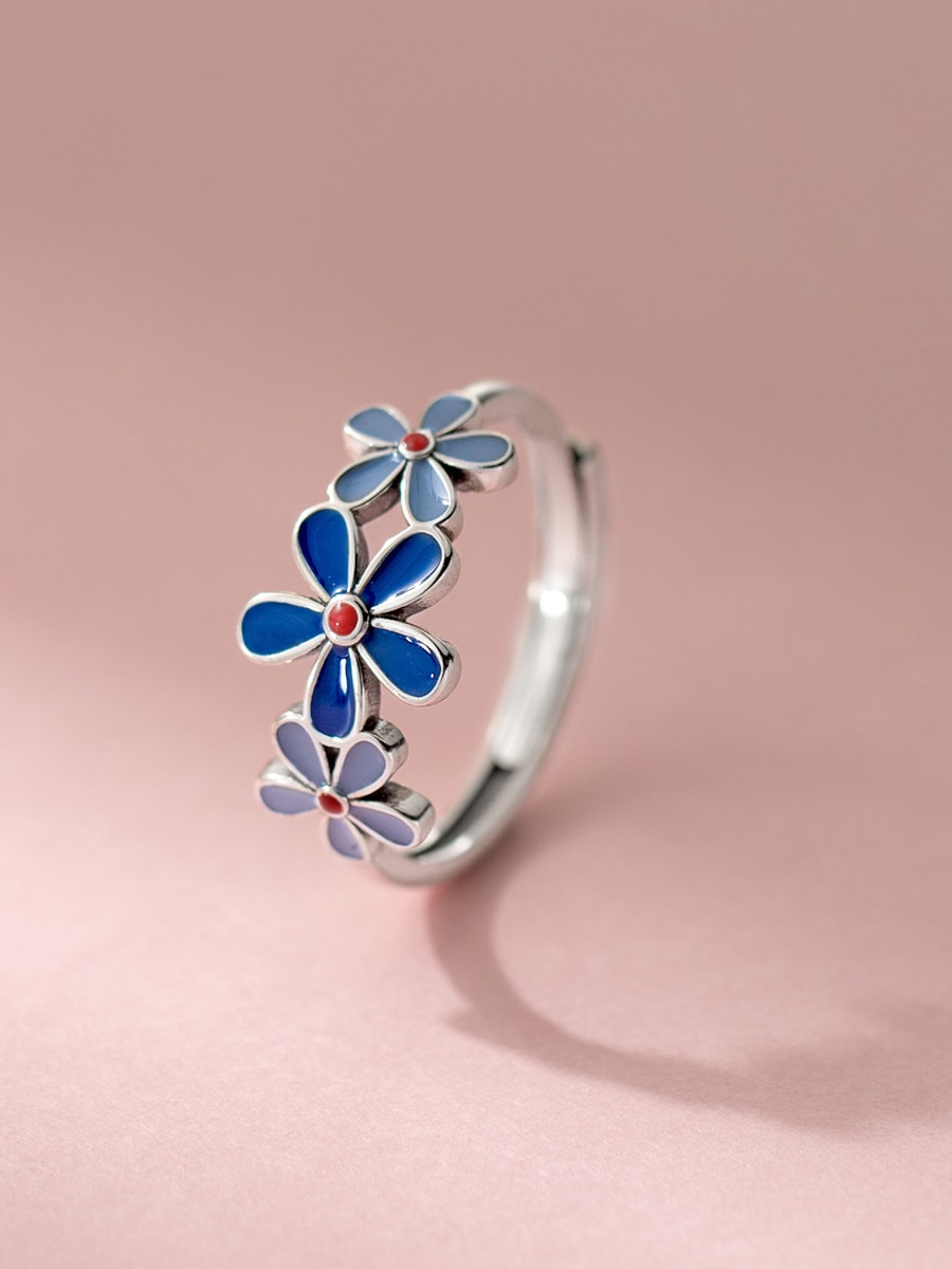 Sterling Silver Enamel Flower Band Ring
